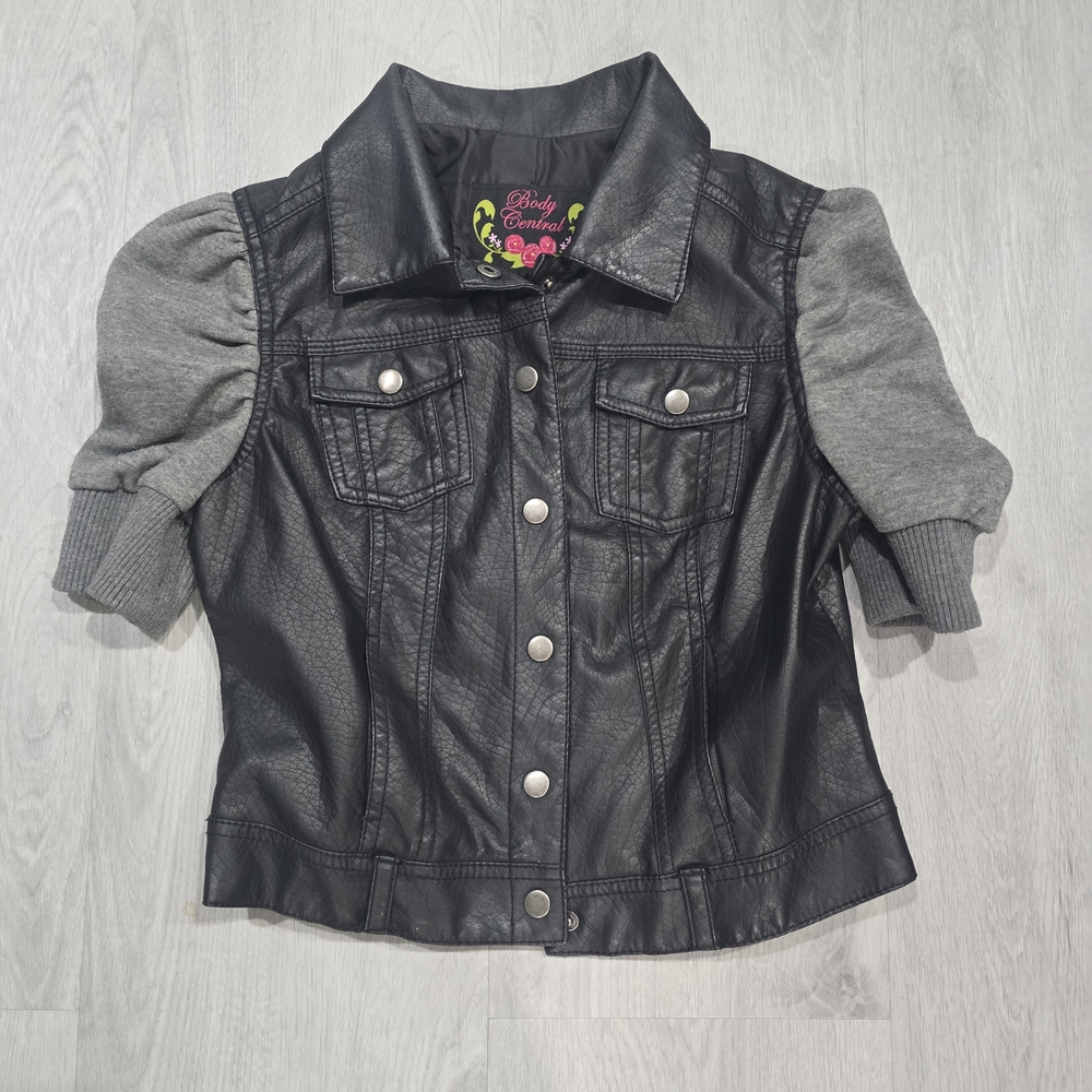 Body Central Black Faux Leather Jacket with Gray Knit Puff Sleeves